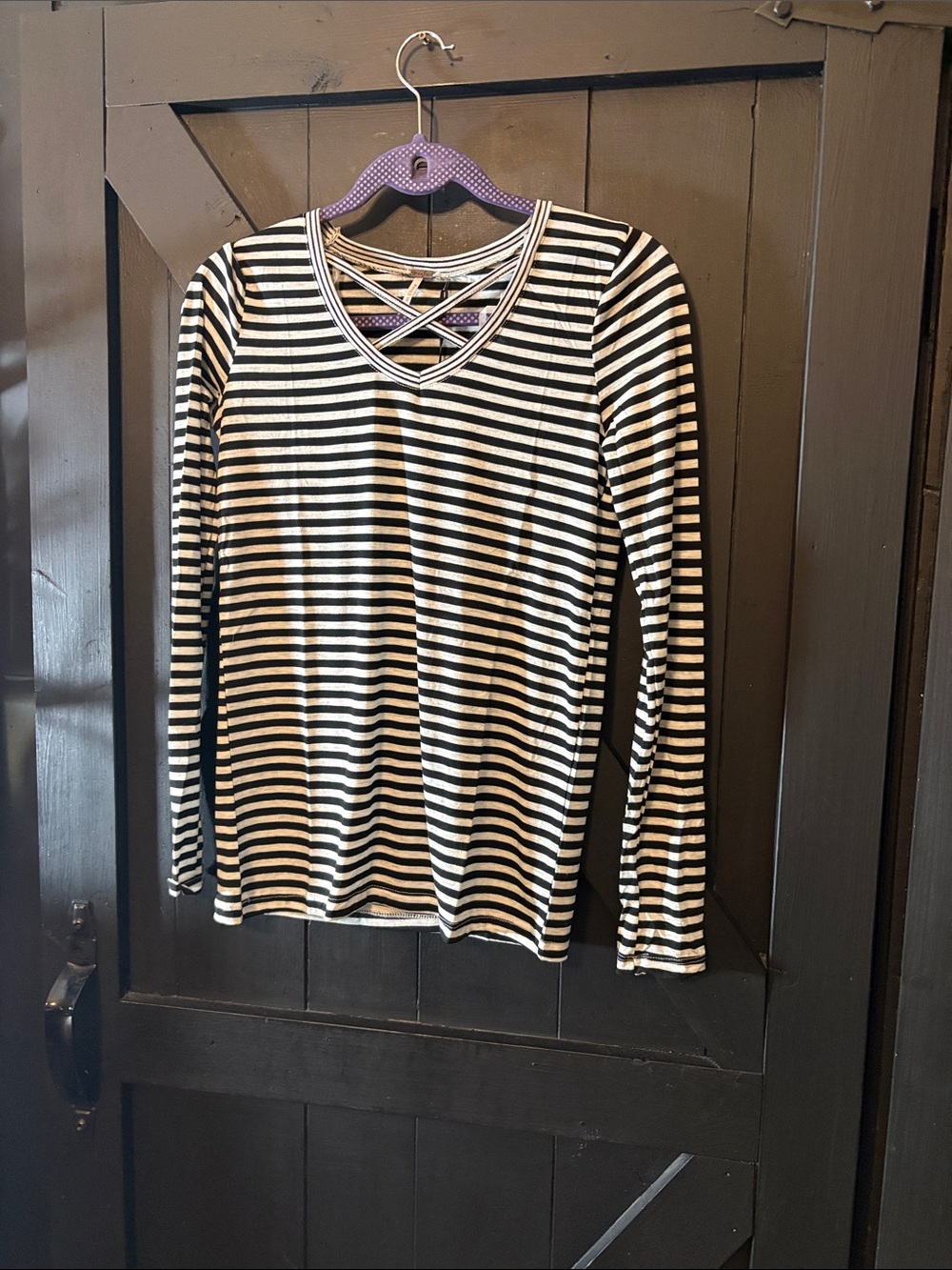 Poof! Black and White Striped V‑Neck Long Sleeve Top